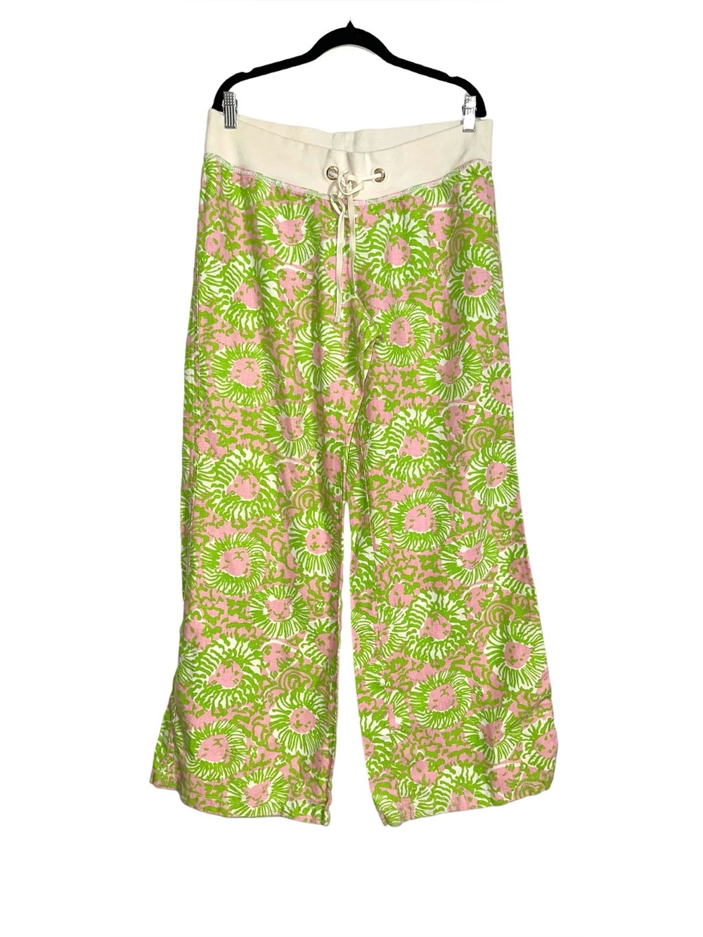Lilly Pulitzer The Beach Pant Linen Pink & Green Wide Leg Drawstring Pants LARGE